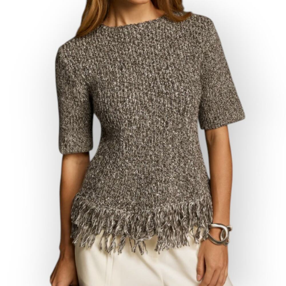 Commense Fringe Hem Knit Top Short Sleeve Marled Taupe Size L Parisian Chic  NWT